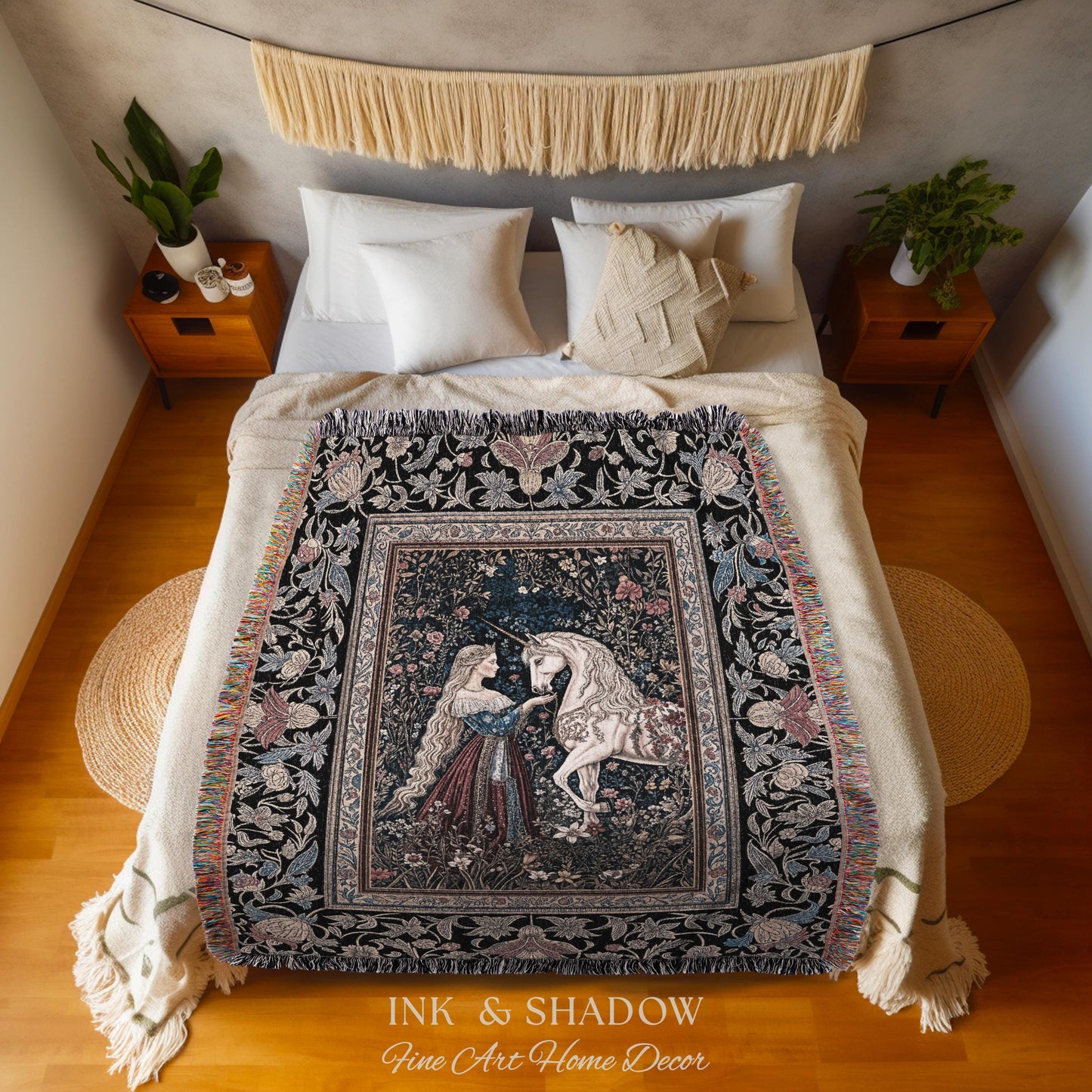 Mystic Fairytale Unicorn Throw Blanket | Renaissance Aesthetic Gloomy Coquette Woven Wall Tapestry Dark Cottagecore Storybook Gothic Theme |