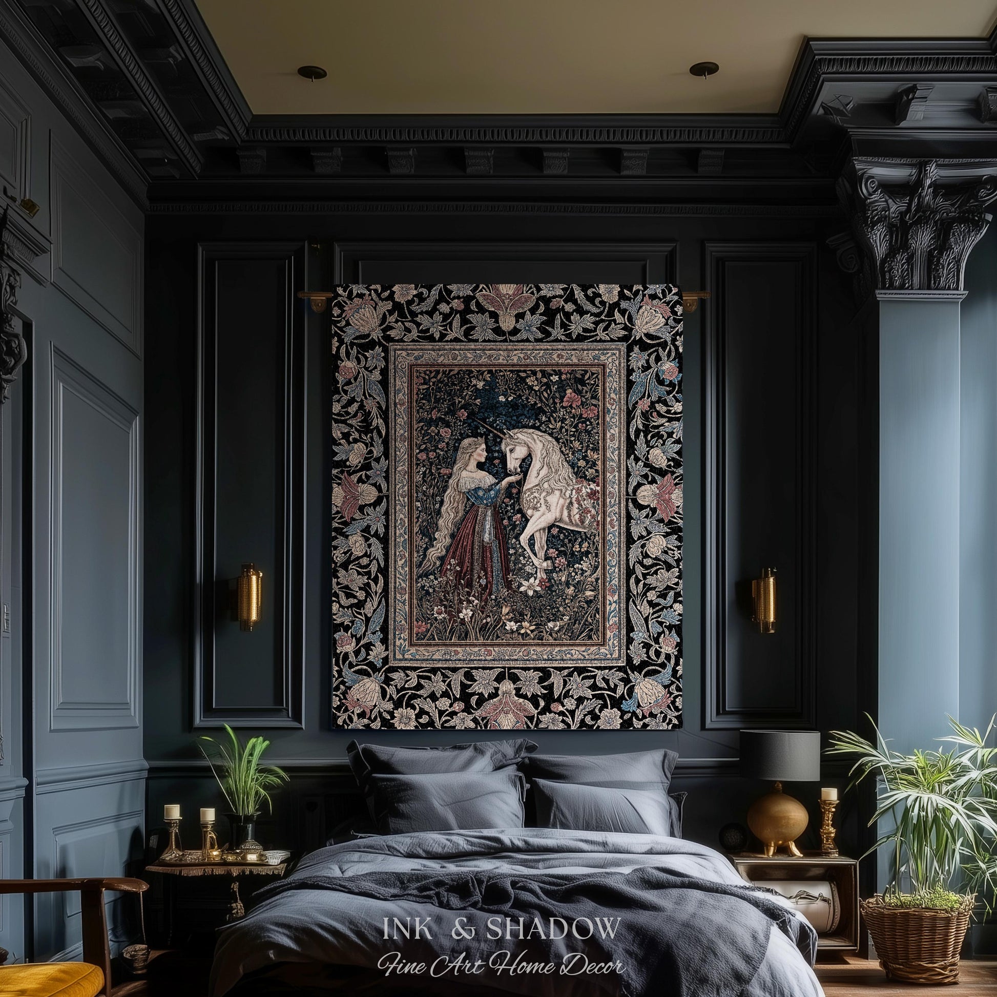 Mystic Fairytale Unicorn Throw Blanket | Renaissance Aesthetic Gloomy Coquette Woven Wall Tapestry Dark Cottagecore Storybook Gothic Theme |