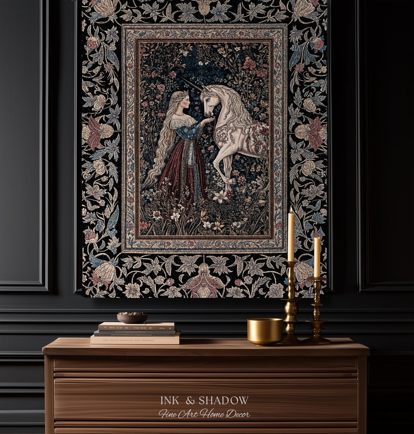 Mystic Fairytale Unicorn Throw Blanket | Renaissance Aesthetic Gloomy Coquette Woven Wall Tapestry Dark Cottagecore Storybook Gothic Theme |