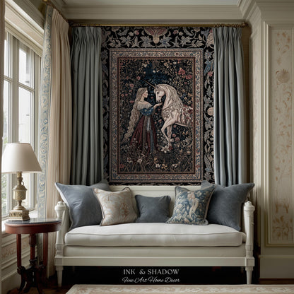 Mystic Fairytale Unicorn Throw Blanket | Renaissance Aesthetic Gloomy Coquette Woven Wall Tapestry Dark Cottagecore Storybook Gothic Theme |