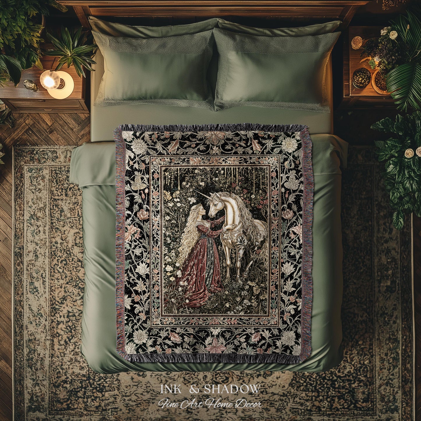 Romantic Fairytale Unicorn Throw Blanket | Regency Dark Cottagecore Coquette Woven Tapestry Dreamy Rococo Bedroom Storybook Gothic Decor |
