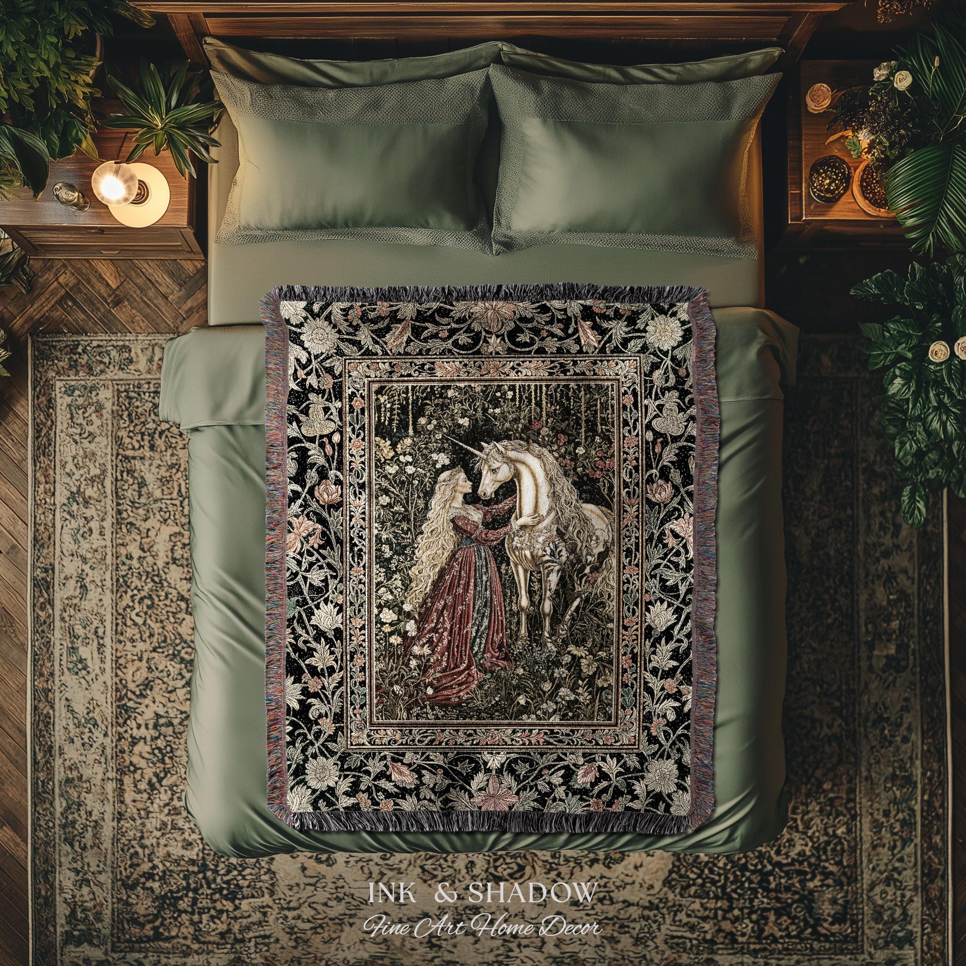 Romantic Fairytale Unicorn Throw Blanket | Regency Dark Cottagecore Coquette Woven Tapestry Dreamy Rococo Bedroom Storybook Gothic Decor |