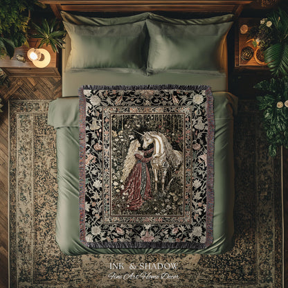 Romantic Fairytale Unicorn Throw Blanket | Regency Dark Cottagecore Coquette Woven Tapestry Dreamy Rococo Bedroom Storybook Gothic Decor |