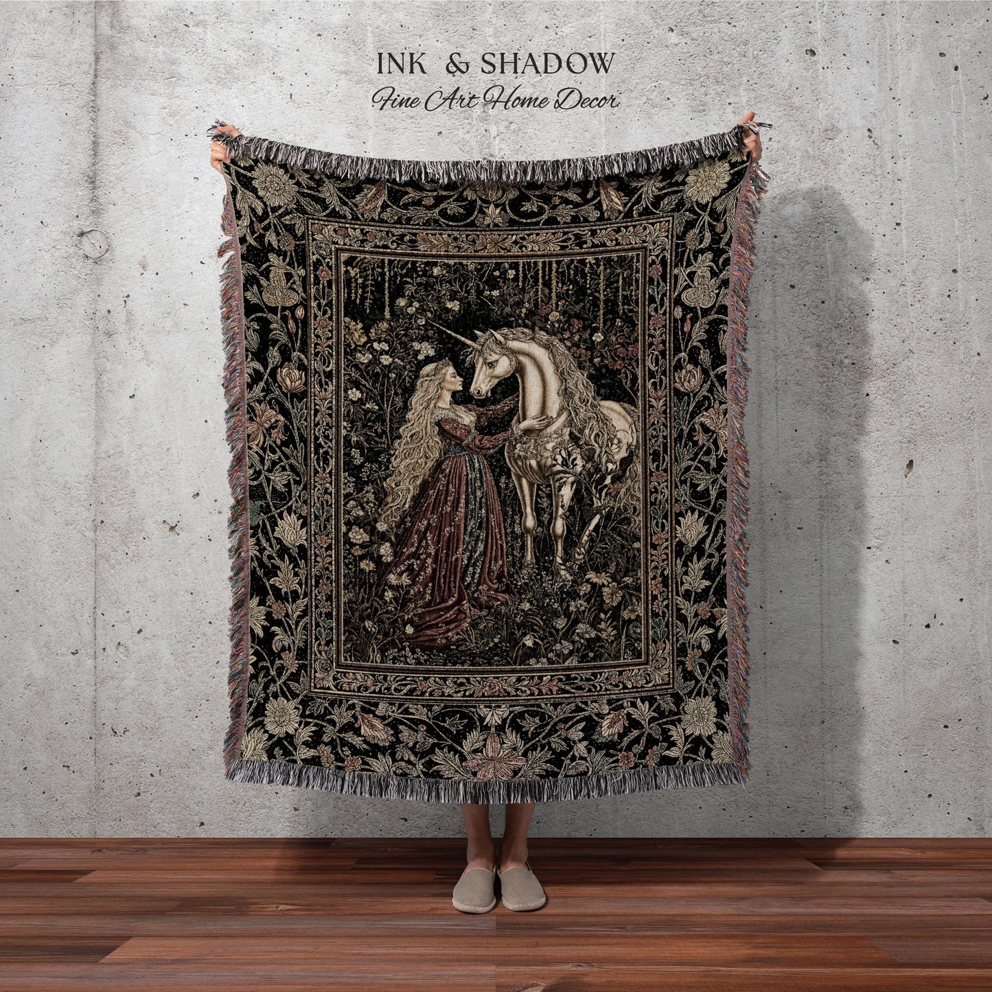 Romantic Fairytale Unicorn Throw Blanket | Regency Dark Cottagecore Coquette Woven Tapestry Dreamy Rococo Bedroom Storybook Gothic Decor |