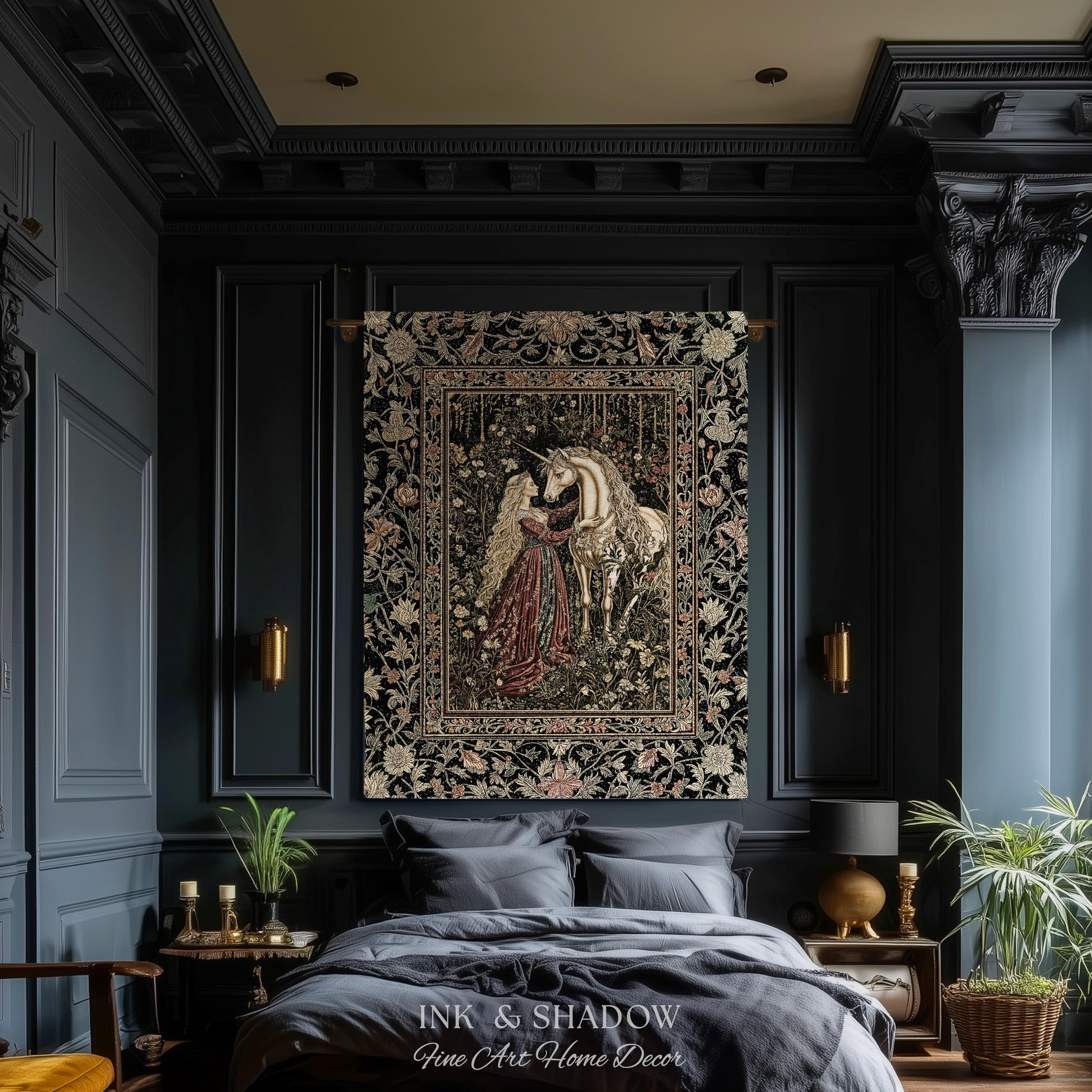 Romantic Fairytale Unicorn Throw Blanket | Regency Dark Cottagecore Coquette Woven Tapestry Dreamy Rococo Bedroom Storybook Gothic Decor |