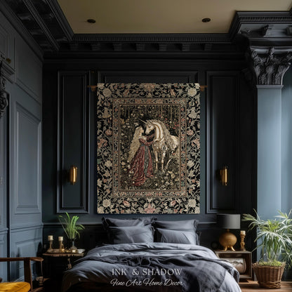 Romantic Fairytale Unicorn Throw Blanket | Regency Dark Cottagecore Coquette Woven Tapestry Dreamy Rococo Bedroom Storybook Gothic Decor |