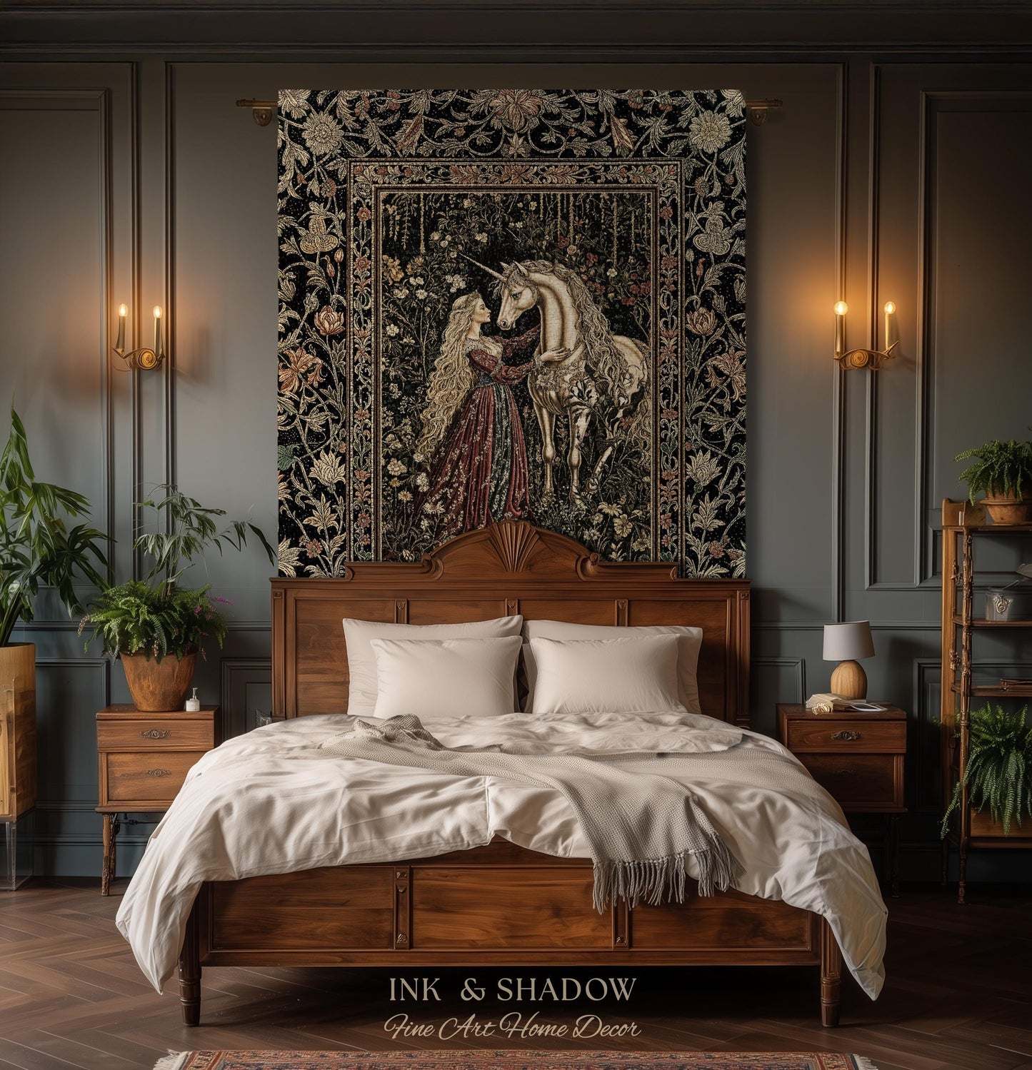 Romantic Fairytale Unicorn Throw Blanket | Regency Dark Cottagecore Coquette Woven Tapestry Dreamy Rococo Bedroom Storybook Gothic Decor |