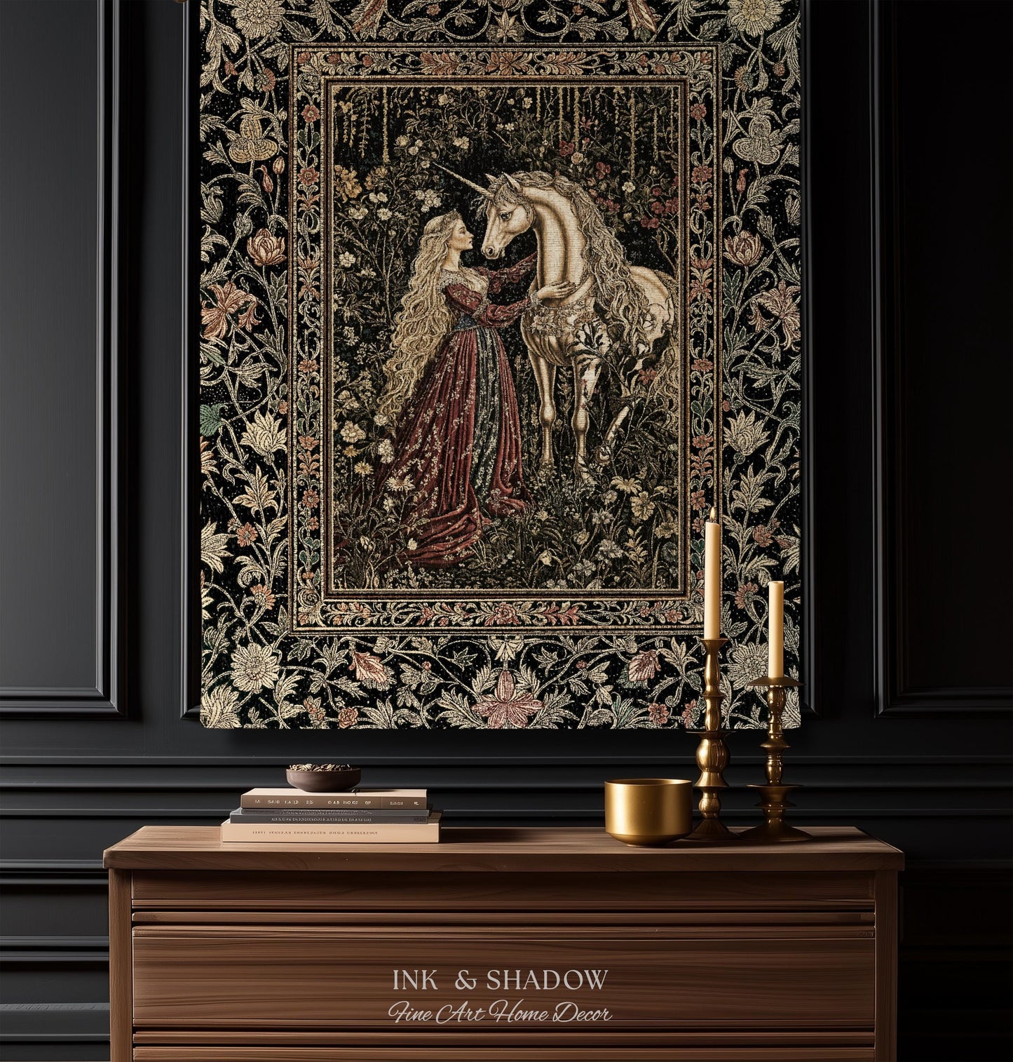 Romantic Fairytale Unicorn Throw Blanket | Regency Dark Cottagecore Coquette Woven Tapestry Dreamy Rococo Bedroom Storybook Gothic Decor |
