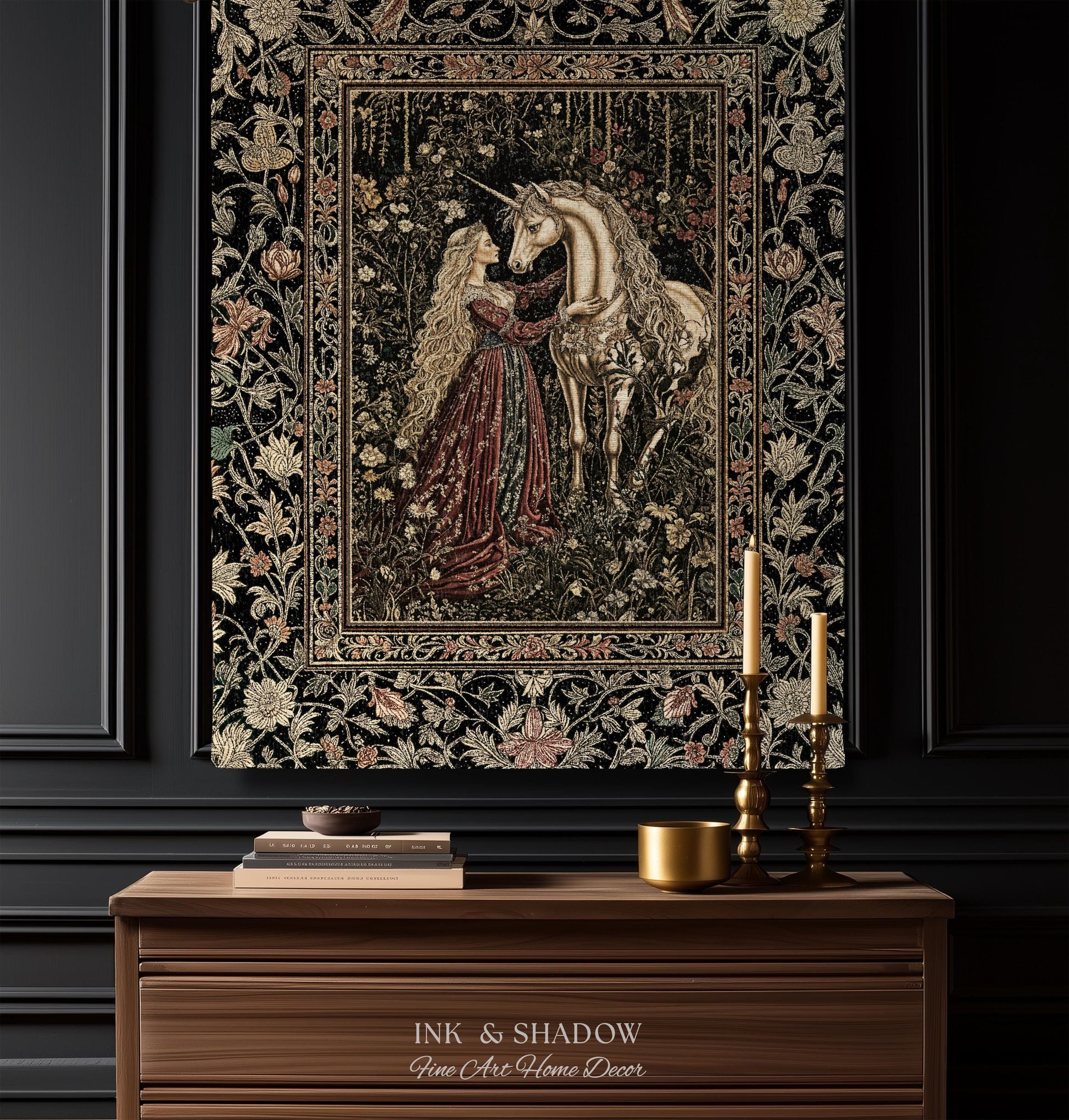 Romantic Fairytale Unicorn Throw Blanket | Regency Dark Cottagecore Coquette Woven Tapestry Dreamy Rococo Bedroom Storybook Gothic Decor |