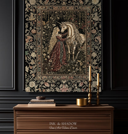 Romantic Fairytale Unicorn Throw Blanket | Regency Dark Cottagecore Coquette Woven Tapestry Dreamy Rococo Bedroom Storybook Gothic Decor |