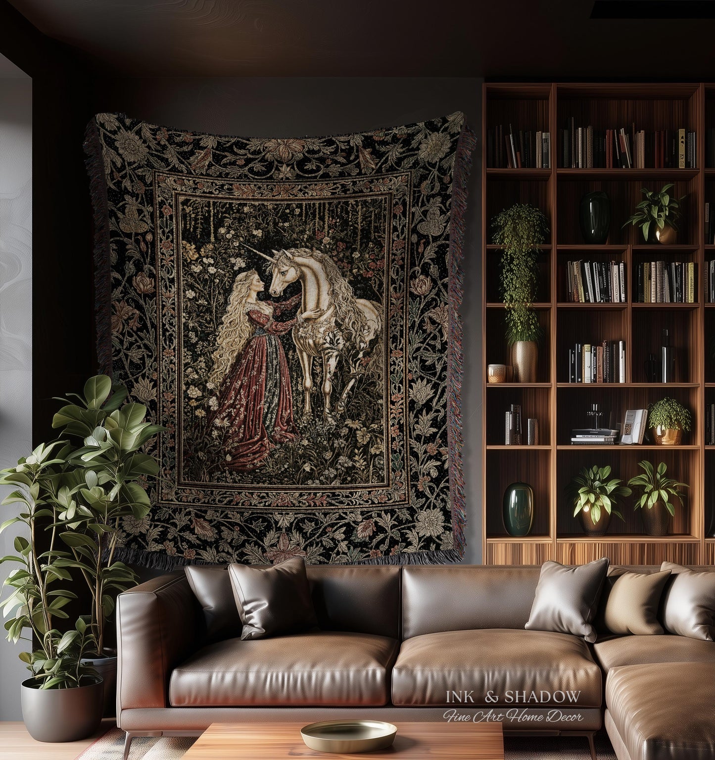 Romantic Fairytale Unicorn Throw Blanket | Regency Dark Cottagecore Coquette Woven Tapestry Dreamy Rococo Bedroom Storybook Gothic Decor |