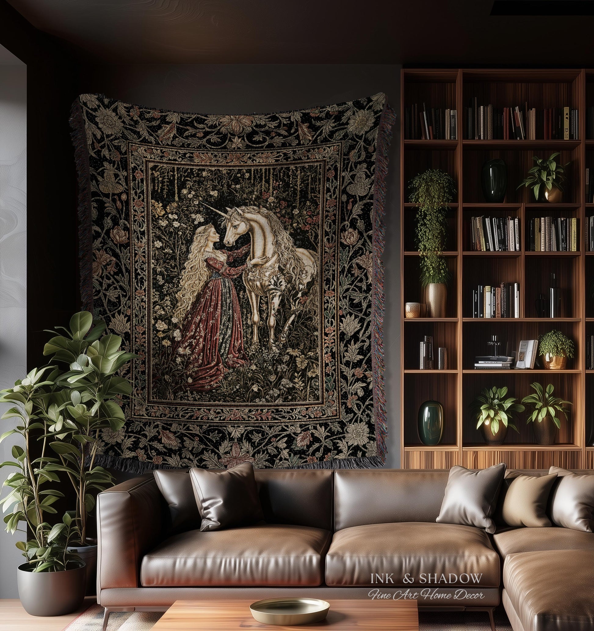 Romantic Fairytale Unicorn Throw Blanket | Regency Dark Cottagecore Coquette Woven Tapestry Dreamy Rococo Bedroom Storybook Gothic Decor |