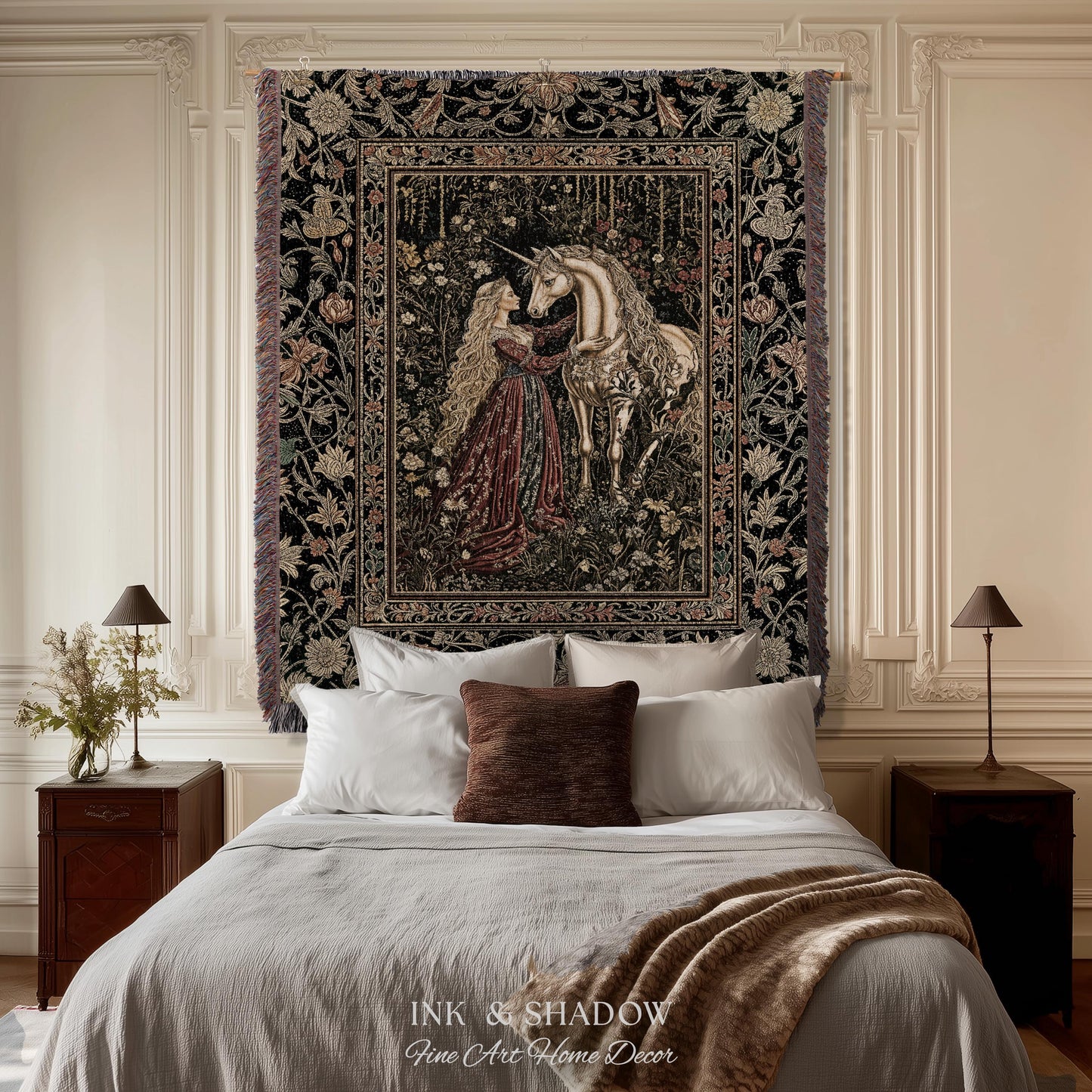 Romantic Fairytale Unicorn Throw Blanket | Regency Dark Cottagecore Coquette Woven Tapestry Dreamy Rococo Bedroom Storybook Gothic Decor |