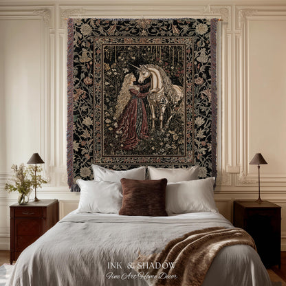 Romantic Fairytale Unicorn Throw Blanket | Regency Dark Cottagecore Coquette Woven Tapestry Dreamy Rococo Bedroom Storybook Gothic Decor |