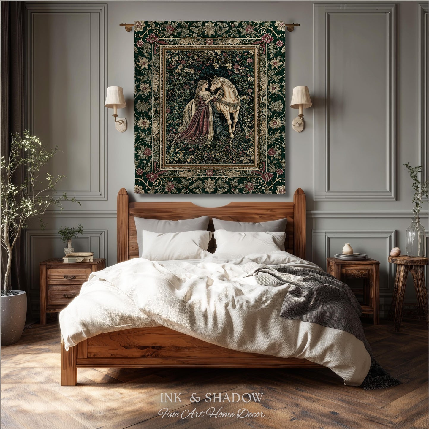 Dark Victorian Botanical Woven Wall Tapestry | Dreamy Rococo Storybook Aesthetic Romantic Fairy Bedroom Dark Cottagecore Throw Blanket |