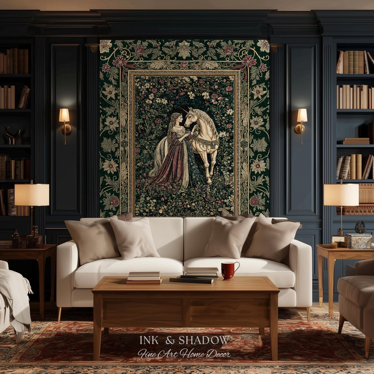 Dark Victorian Botanical Woven Wall Tapestry | Dreamy Rococo Storybook Aesthetic Romantic Fairy Bedroom Dark Cottagecore Throw Blanket |