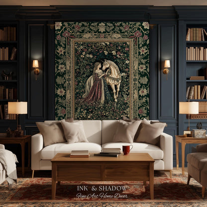 Dark Victorian Botanical Woven Wall Tapestry | Dreamy Rococo Storybook Aesthetic Romantic Fairy Bedroom Dark Cottagecore Throw Blanket |