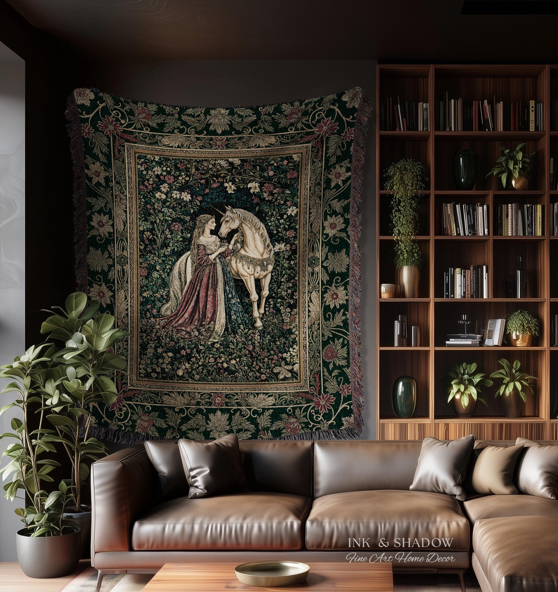 Dark Victorian Botanical Woven Wall Tapestry | Dreamy Rococo Storybook Aesthetic Romantic Fairy Bedroom Dark Cottagecore Throw Blanket |