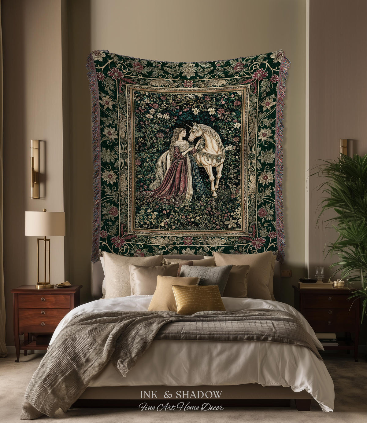 Dark Victorian Botanical Woven Wall Tapestry | Dreamy Rococo Storybook Aesthetic Romantic Fairy Bedroom Dark Cottagecore Throw Blanket |