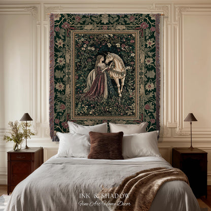 Dark Victorian Botanical Woven Wall Tapestry | Dreamy Rococo Storybook Aesthetic Romantic Fairy Bedroom Dark Cottagecore Throw Blanket |