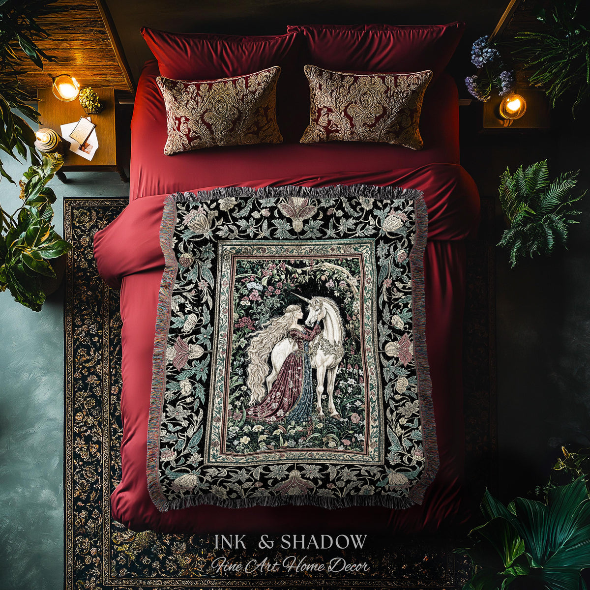Baroque Fantasy Rustic Throw Blanket | Rococo Coquette Bedroom Decor Dark Royalcore Woven Wall Tapestry Medieval Storybook Gothic Aesthetic