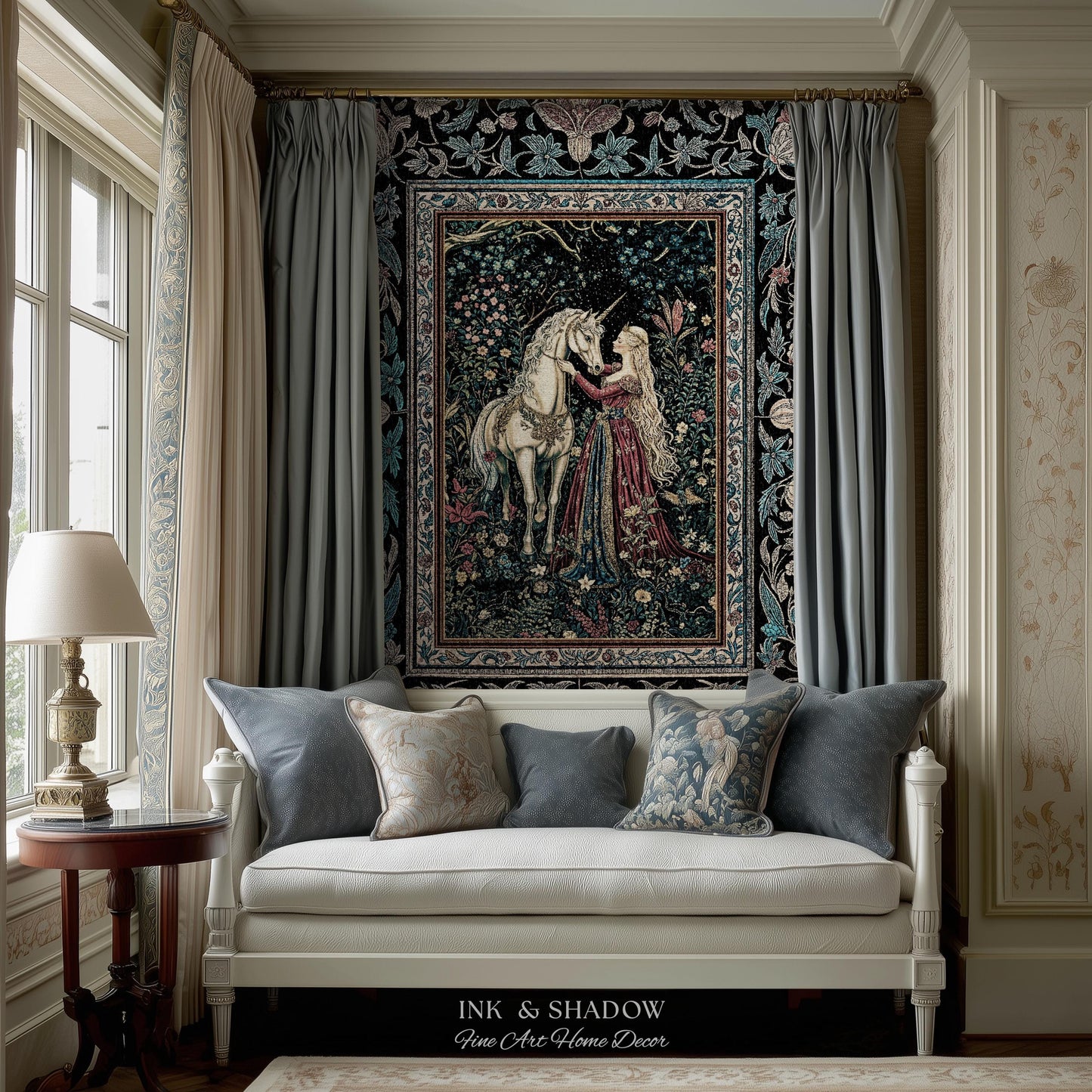 Rustic Fairytale Dark Teal Throw Blanket | Rococo Baroque Inspired Decor Medieval Princesscore Woven Tapestry Dreamy Fantasy Bedroom Style |