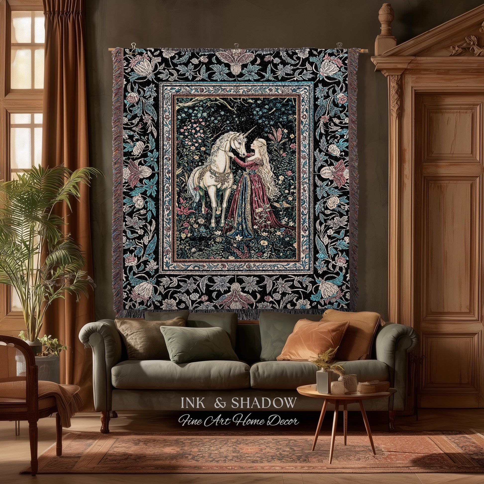 Rustic Fairytale Dark Teal Throw Blanket | Rococo Baroque Inspired Decor Medieval Princesscore Woven Tapestry Dreamy Fantasy Bedroom Style |