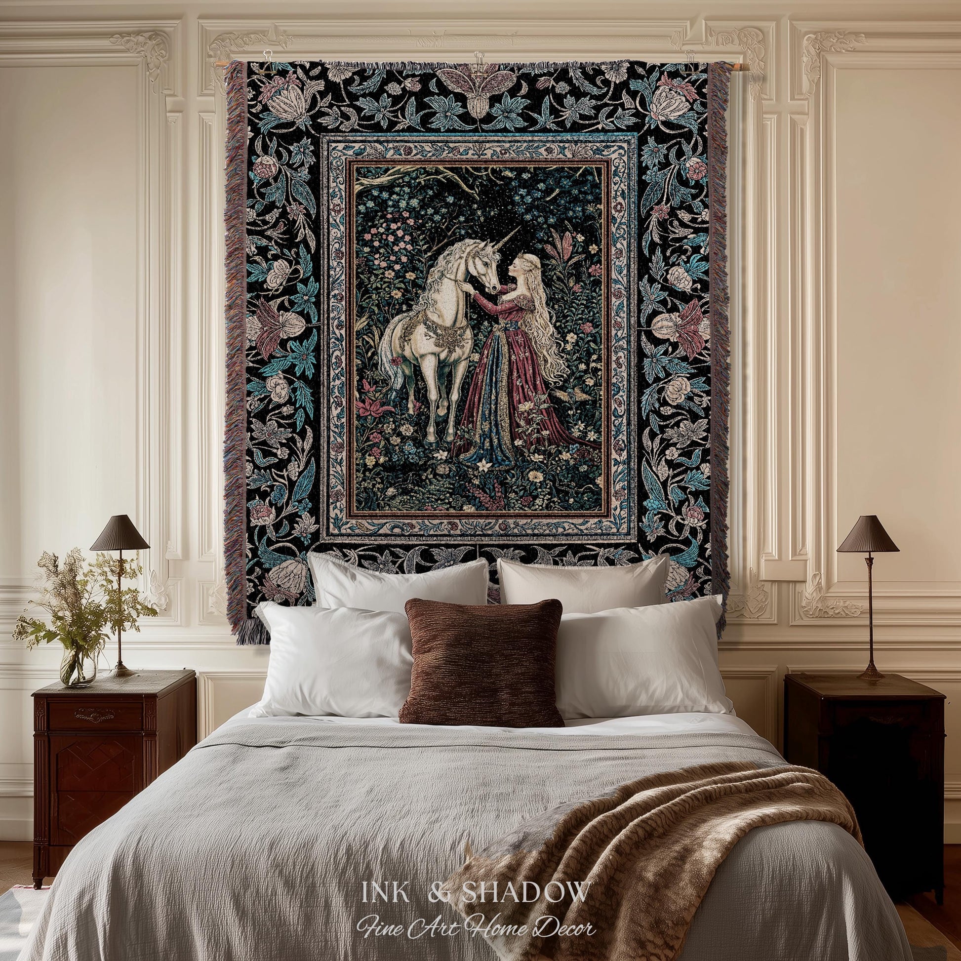 Rustic Fairytale Dark Teal Throw Blanket | Rococo Baroque Inspired Decor Medieval Princesscore Woven Tapestry Dreamy Fantasy Bedroom Style |