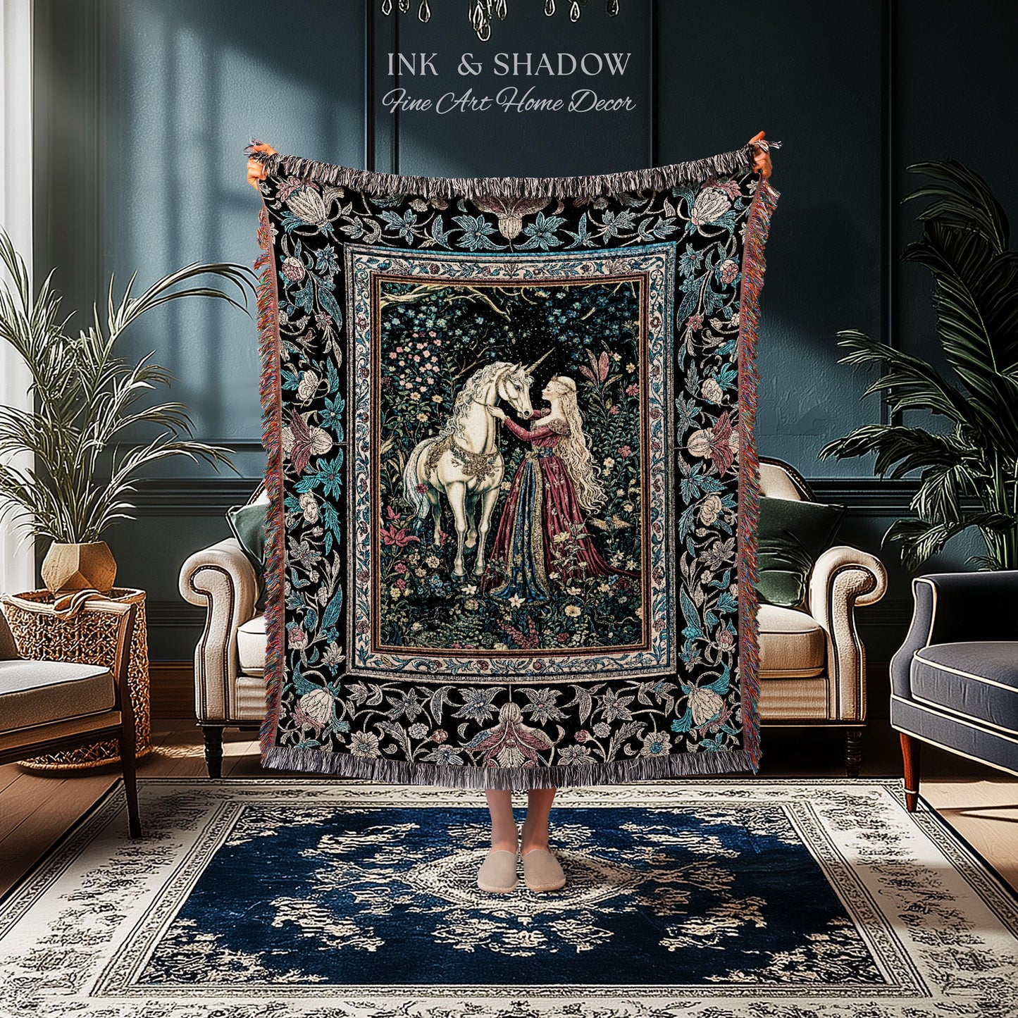 Rustic Fairytale Dark Teal Throw Blanket | Rococo Baroque Inspired Decor Medieval Princesscore Woven Tapestry Dreamy Fantasy Bedroom Style |
