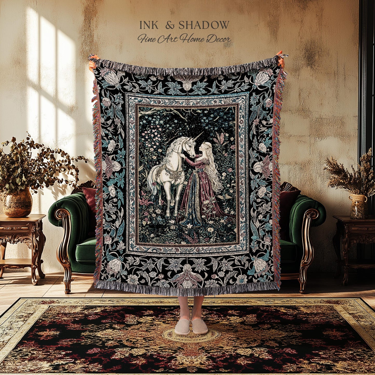 Rustic Fairytale Dark Teal Throw Blanket | Rococo Baroque Inspired Decor Medieval Princesscore Woven Tapestry Dreamy Fantasy Bedroom Style |