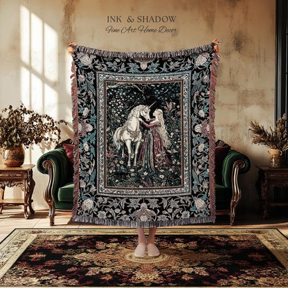 Rustic Fairytale Dark Teal Throw Blanket | Rococo Baroque Inspired Decor Medieval Princesscore Woven Tapestry Dreamy Fantasy Bedroom Style |