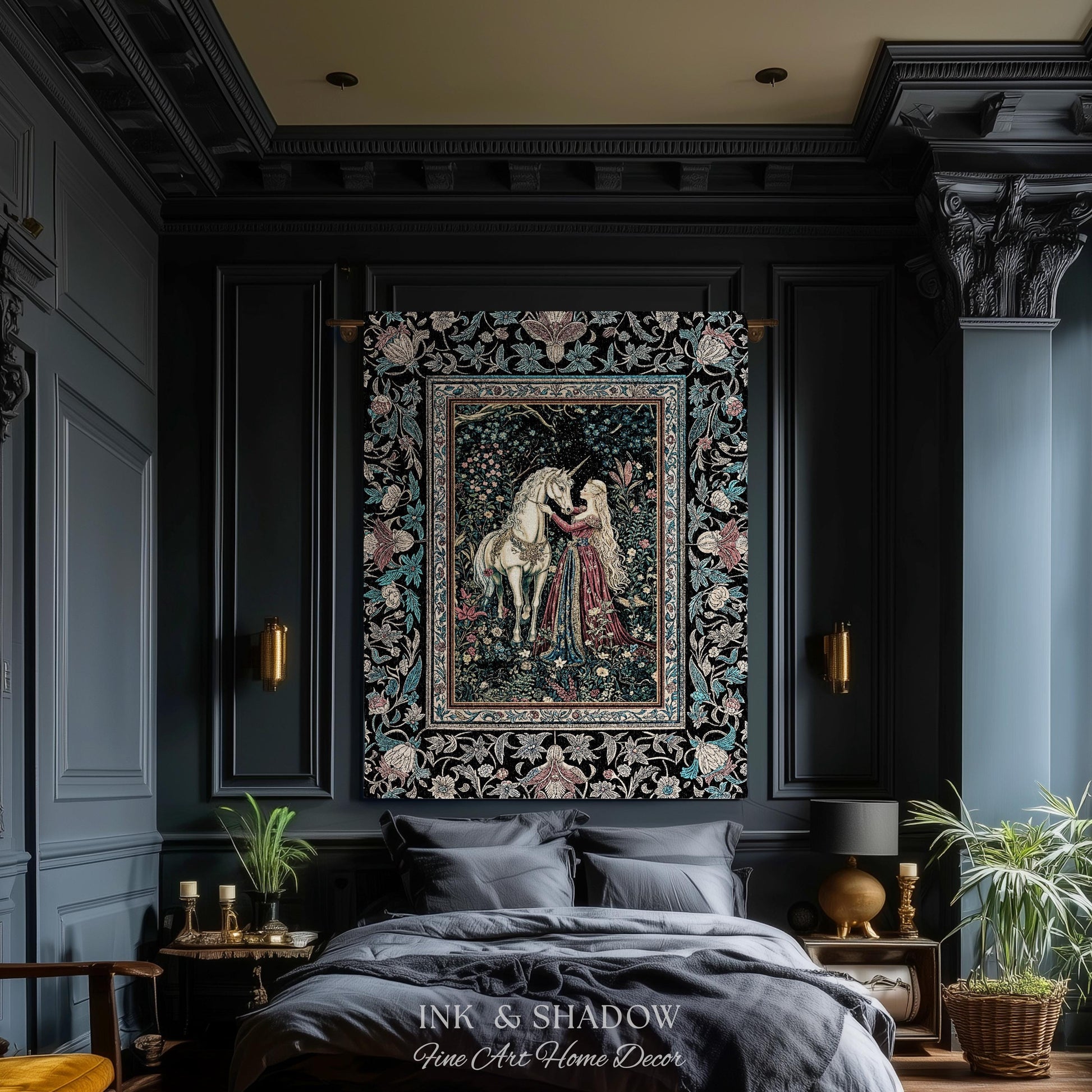Rustic Fairytale Dark Teal Throw Blanket | Rococo Baroque Inspired Decor Medieval Princesscore Woven Tapestry Dreamy Fantasy Bedroom Style |
