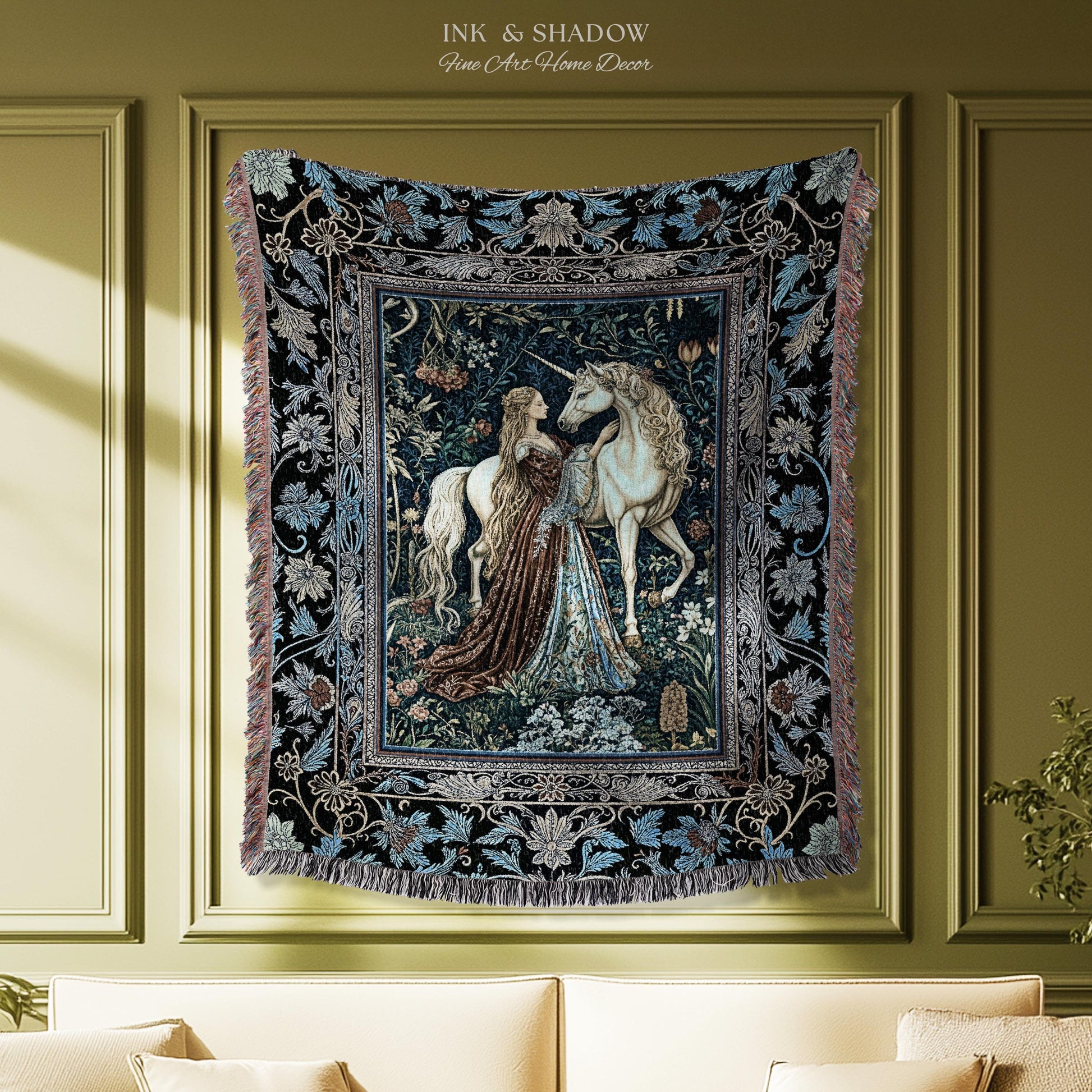 Moody Medieval Rococo Throw Blanket | Vintage Fantasy Bedroom Woven Wall Tapestry Baroque Royalcore Cottagecore Romantic Decor Cool Hues |