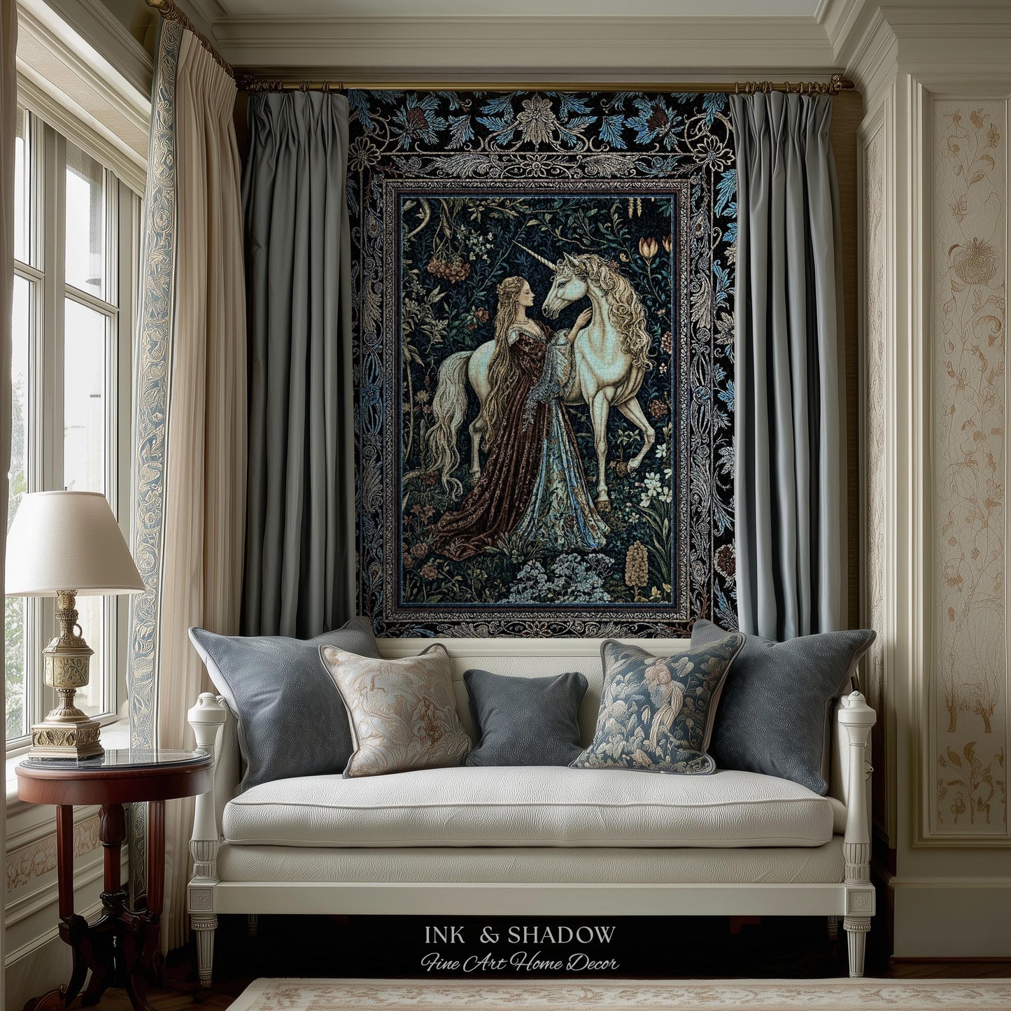 Moody Medieval Rococo Throw Blanket | Vintage Fantasy Bedroom Woven Wall Tapestry Baroque Royalcore Cottagecore Romantic Decor Cool Hues |