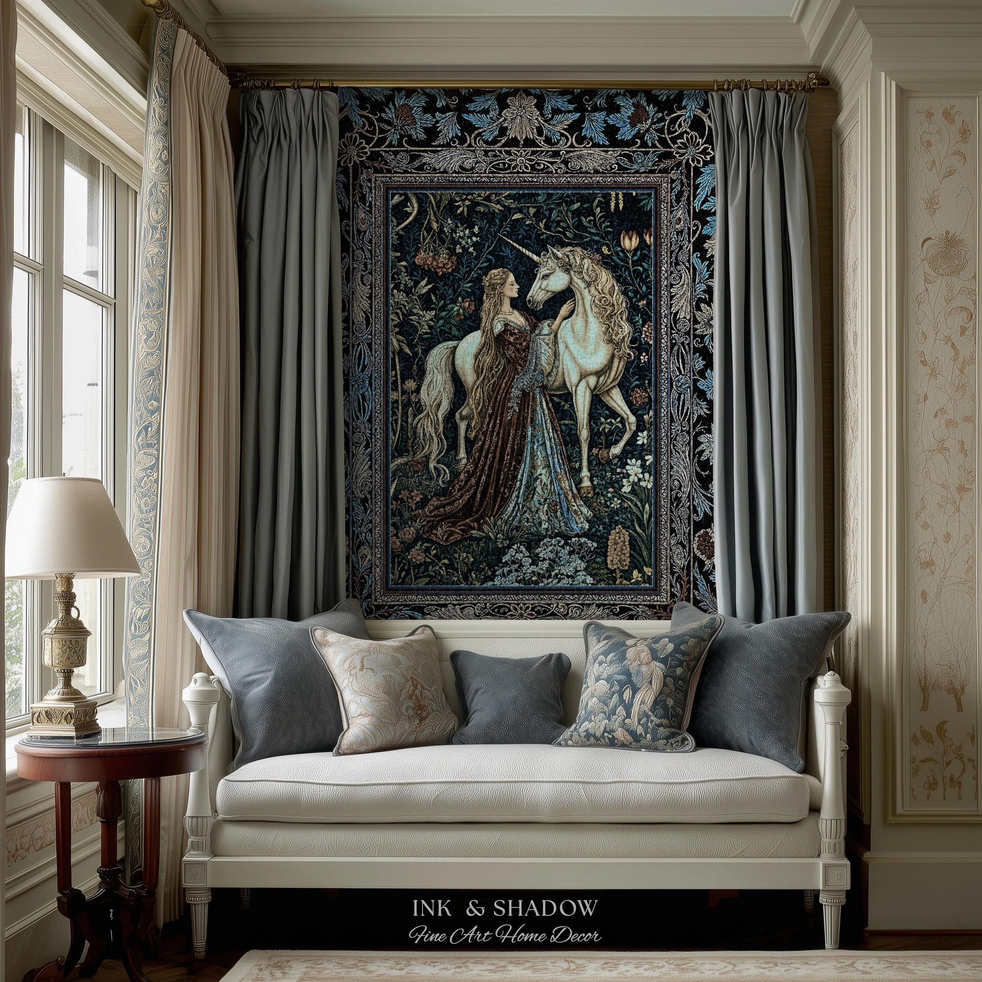 Moody Medieval Rococo Throw Blanket | Vintage Fantasy Bedroom Woven Wall Tapestry Baroque Royalcore Cottagecore Romantic Decor Cool Hues |