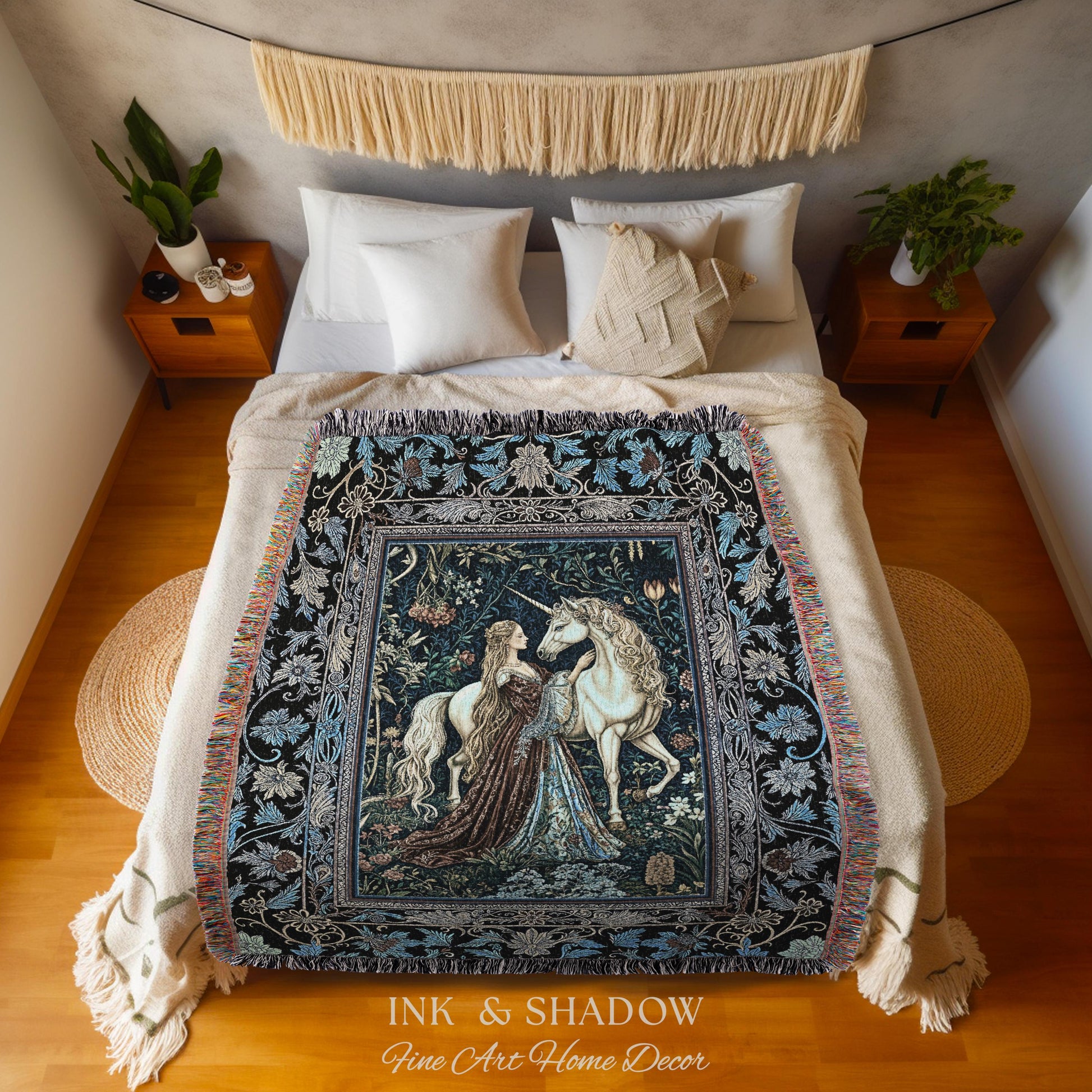 Moody Medieval Rococo Throw Blanket | Vintage Fantasy Bedroom Woven Wall Tapestry Baroque Royalcore Cottagecore Romantic Decor Cool Hues |