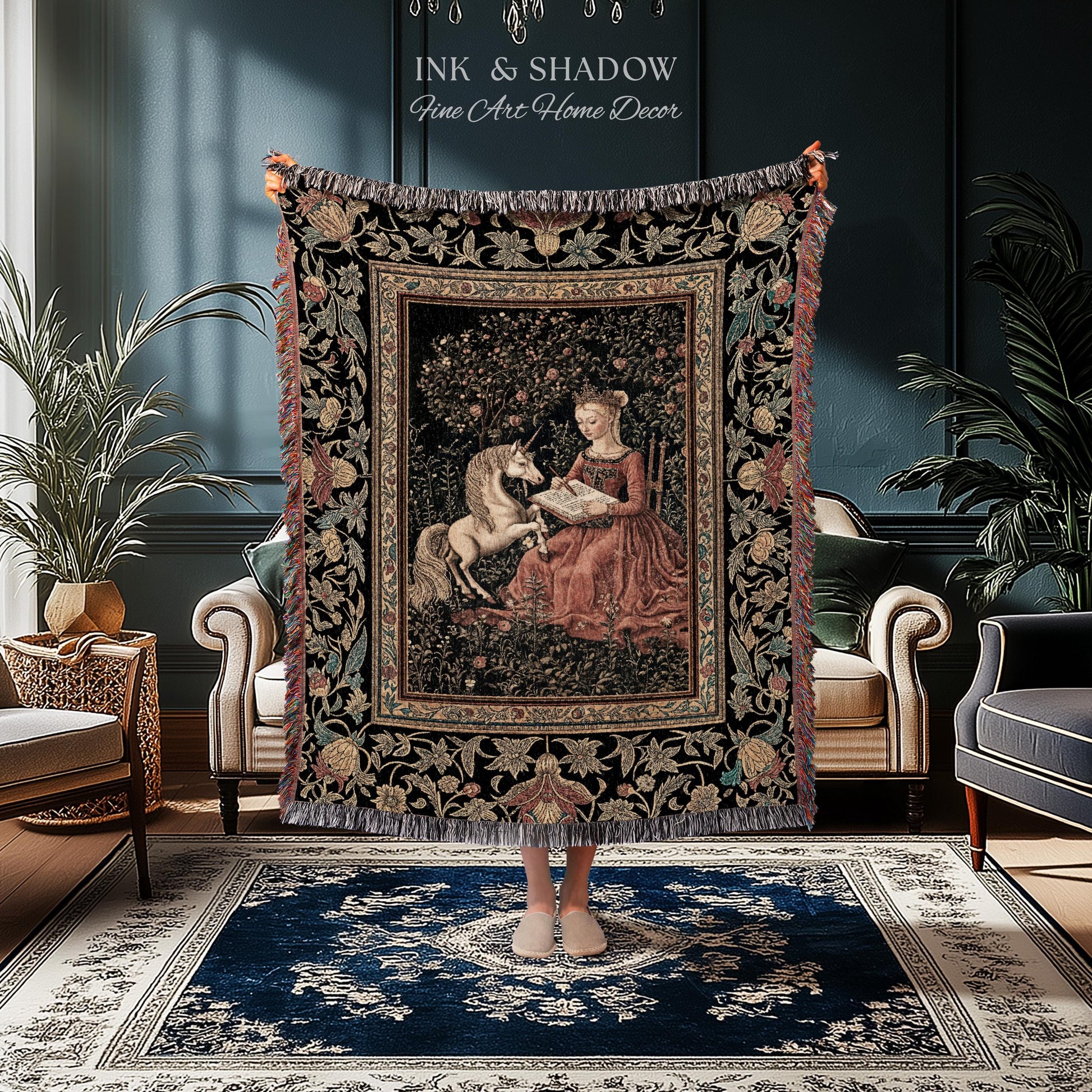 Victorian Storybook Floral Woven Blanket | Mystical Renaissance Fairytale Wall Tapestry Dark Cottagecore Ethereal Bedroom Royalcore Decor |