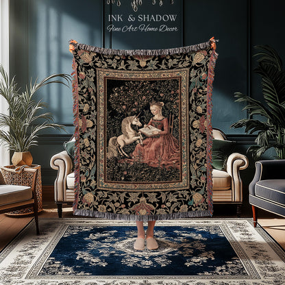 Victorian Storybook Floral Woven Blanket | Mystical Renaissance Fairytale Wall Tapestry Dark Cottagecore Ethereal Bedroom Royalcore Decor |