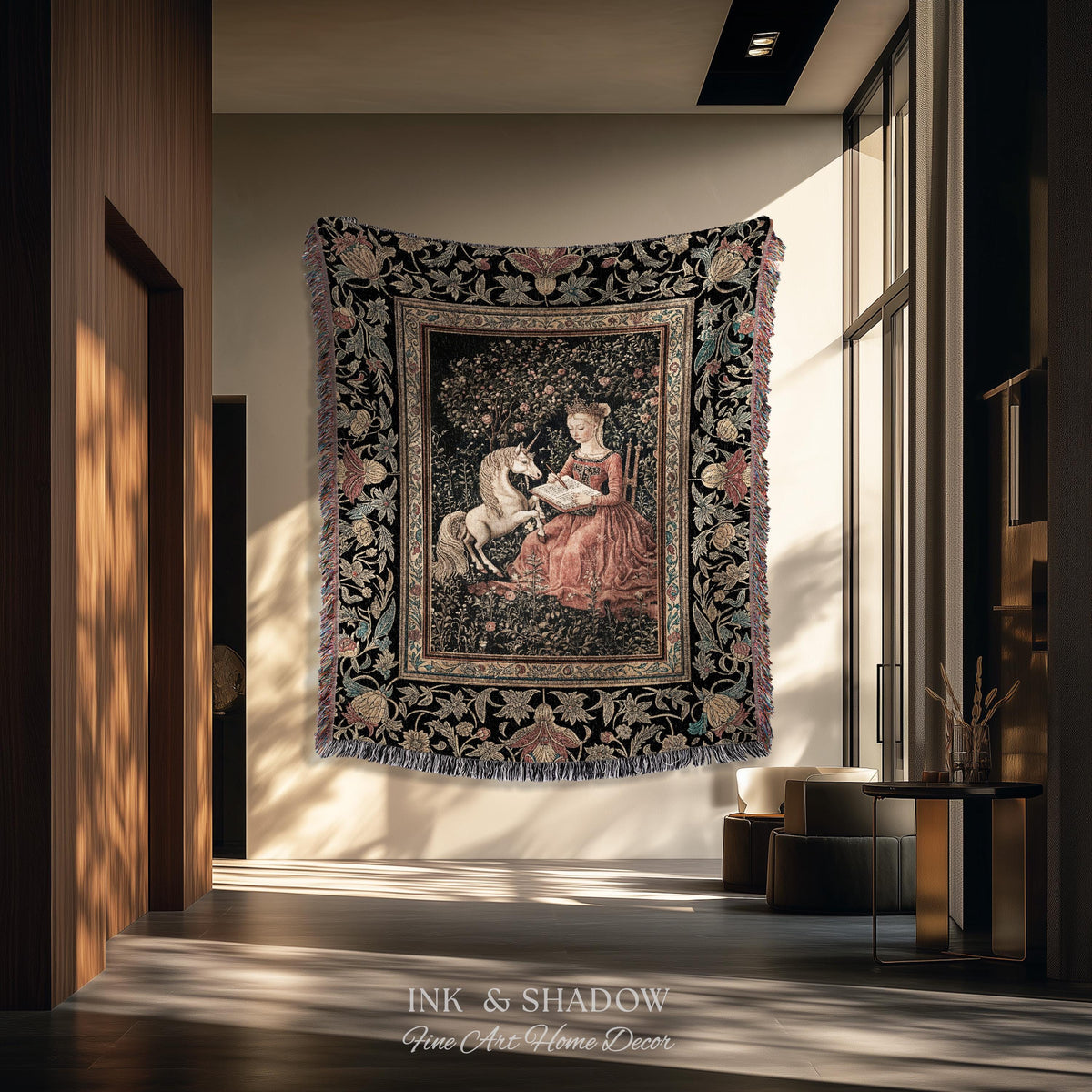 Victorian Storybook Floral Woven Blanket | Mystical Renaissance Fairytale Wall Tapestry Dark Cottagecore Ethereal Bedroom Royalcore Decor |