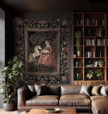 Victorian Storybook Floral Woven Blanket | Mystical Renaissance Fairytale Wall Tapestry Dark Cottagecore Ethereal Bedroom Royalcore Decor |