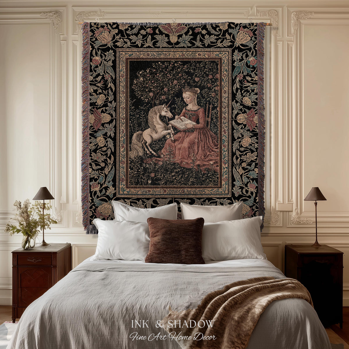 Victorian Storybook Floral Woven Blanket | Mystical Renaissance Fairytale Wall Tapestry Dark Cottagecore Ethereal Bedroom Royalcore Decor |