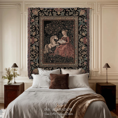Victorian Storybook Floral Woven Blanket | Mystical Renaissance Fairytale Wall Tapestry Dark Cottagecore Ethereal Bedroom Royalcore Decor |