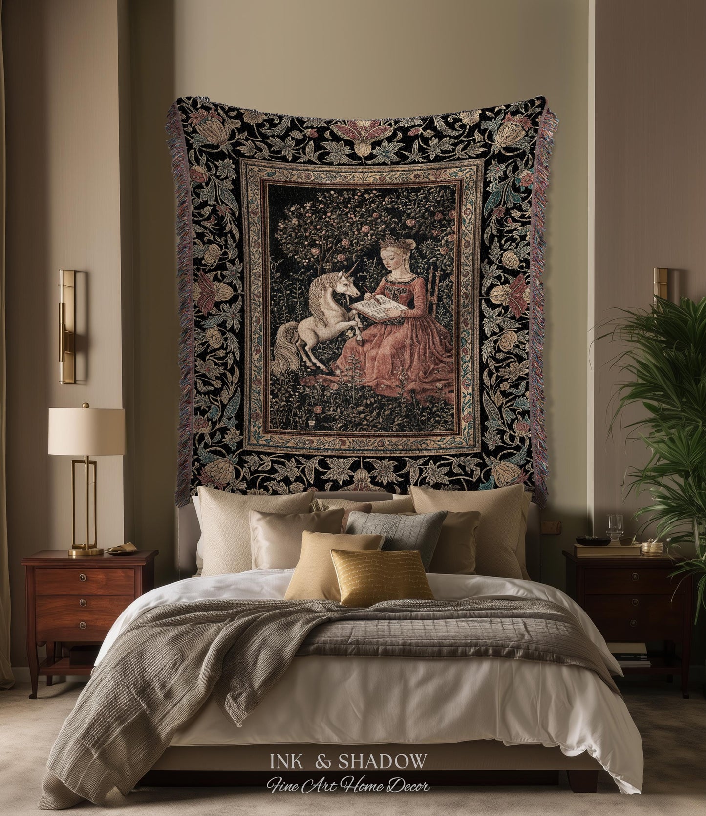 Victorian Storybook Floral Woven Blanket | Mystical Renaissance Fairytale Wall Tapestry Dark Cottagecore Ethereal Bedroom Royalcore Decor |