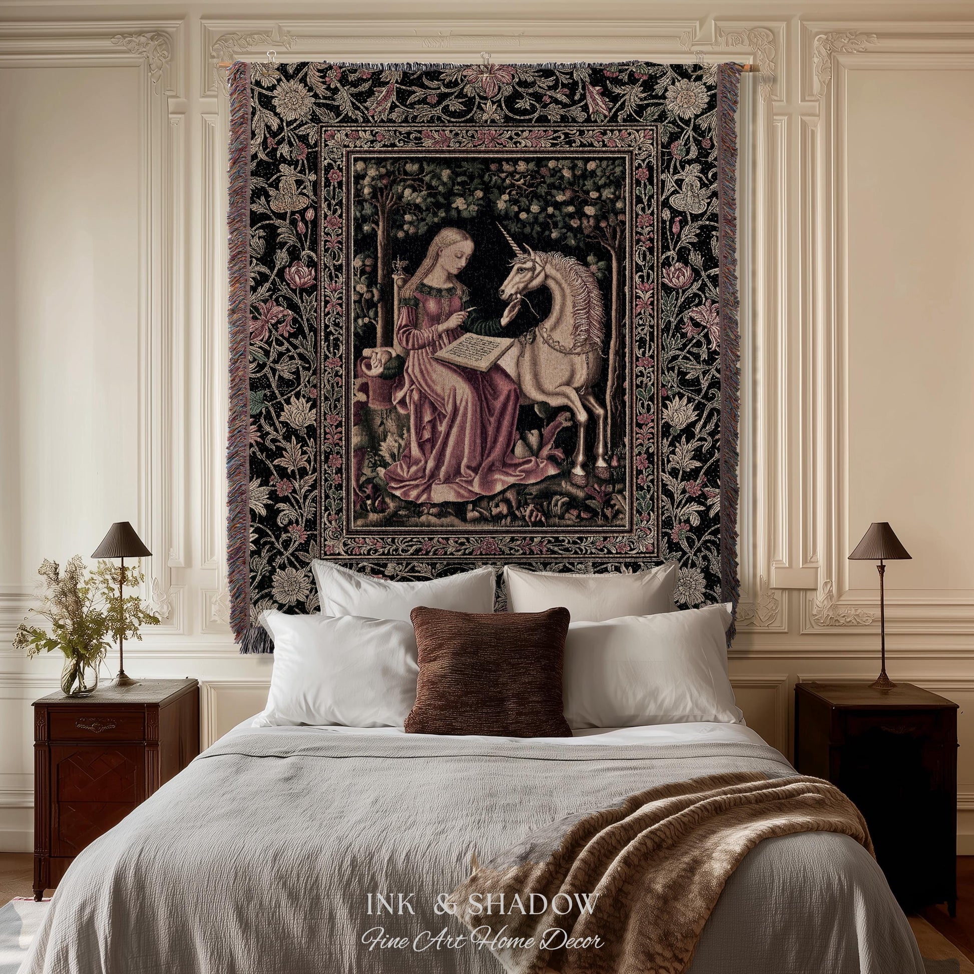 Cozy Storybook Reading Throw Blanket | Medieval Bedroom Unicorn Cottagecore Dark Academia Decor Fairytale Princess Rococo Woven Tapestry |
