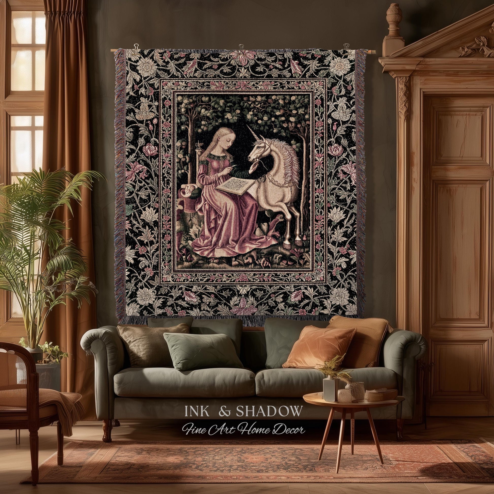 Cozy Storybook Reading Throw Blanket | Medieval Bedroom Unicorn Cottagecore Dark Academia Decor Fairytale Princess Rococo Woven Tapestry |