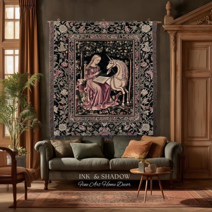 Cozy Storybook Reading Throw Blanket | Medieval Bedroom Unicorn Cottagecore Dark Academia Decor Fairytale Princess Rococo Woven Tapestry |