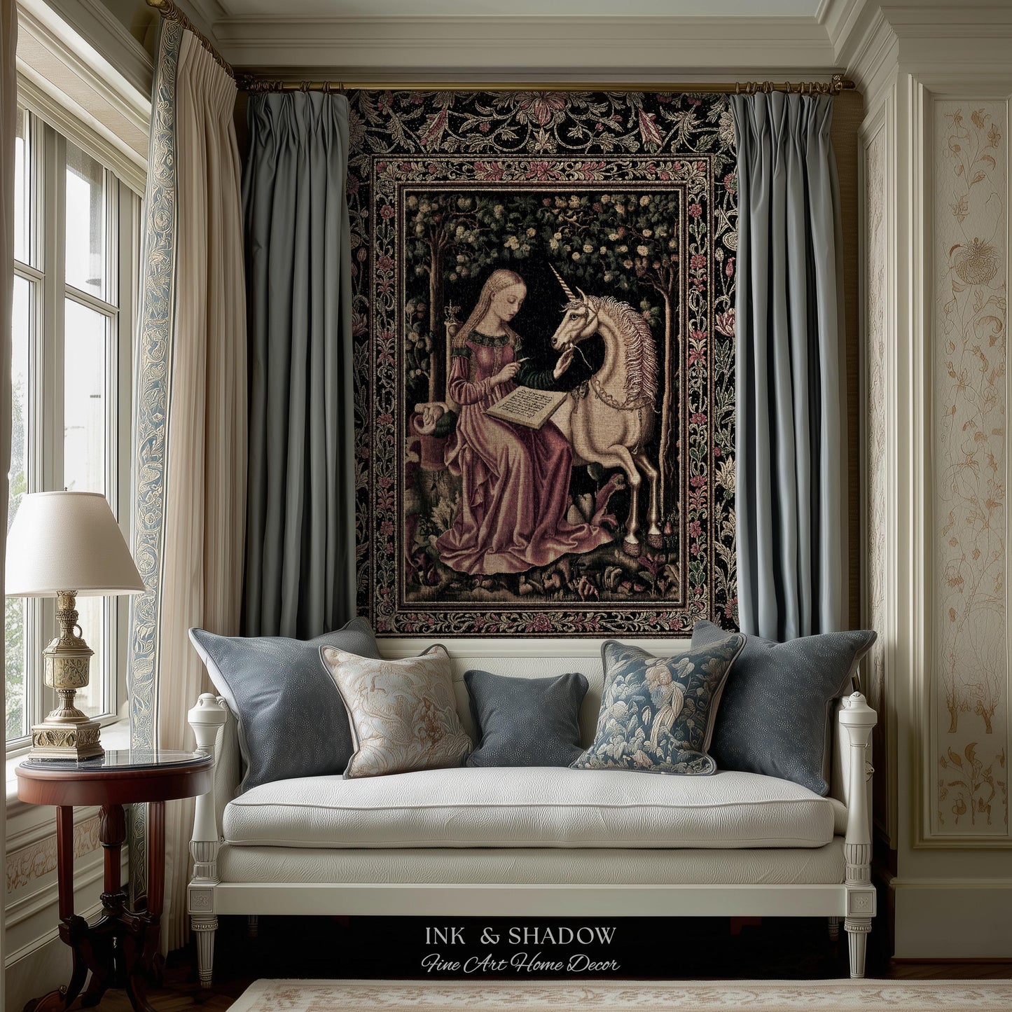 Cozy Storybook Reading Throw Blanket | Medieval Bedroom Unicorn Cottagecore Dark Academia Decor Fairytale Princess Rococo Woven Tapestry |