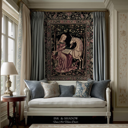 Cozy Storybook Reading Throw Blanket | Medieval Bedroom Unicorn Cottagecore Dark Academia Decor Fairytale Princess Rococo Woven Tapestry |