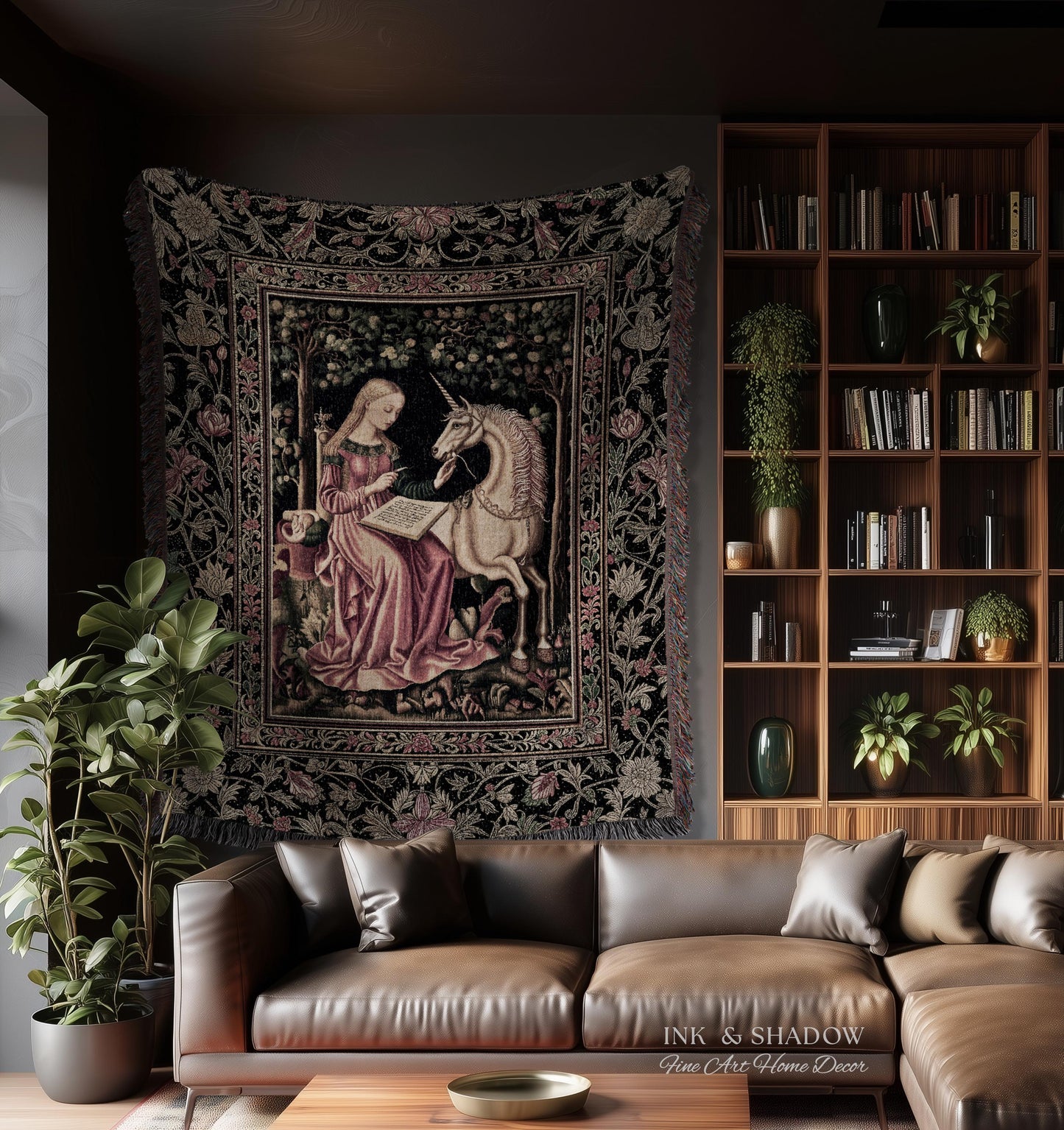 Cozy Storybook Reading Throw Blanket | Medieval Bedroom Unicorn Cottagecore Dark Academia Decor Fairytale Princess Rococo Woven Tapestry |
