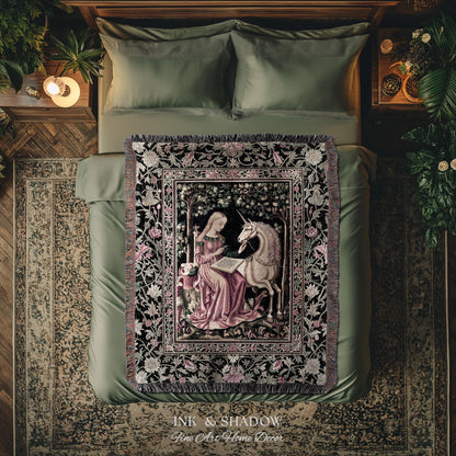 Cozy Storybook Reading Throw Blanket | Medieval Bedroom Unicorn Cottagecore Dark Academia Decor Fairytale Princess Rococo Woven Tapestry |